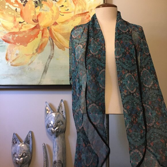 Sheer Blue Floral Damask Tapered Boho Scarf - Picture 7 of 16